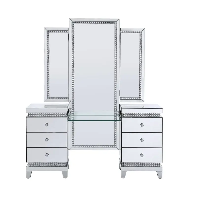 Best seller bedroom furniture mirrored and faux crystal vanity table with LED