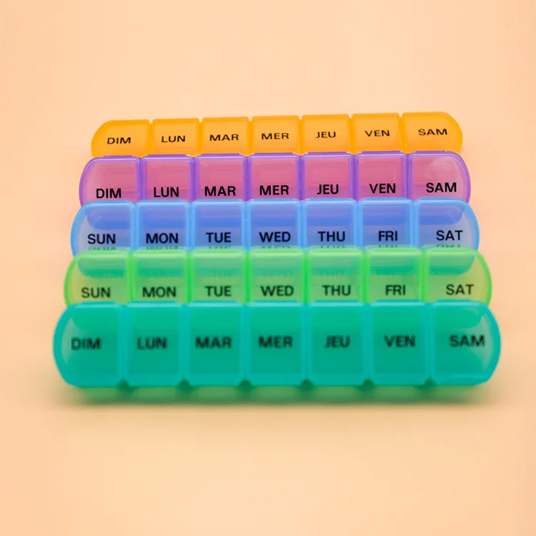 Wholesale Weekly Pill Boxes. Weekly 7-compartment pill box. No bpa. convenient pp food grade material pill box.