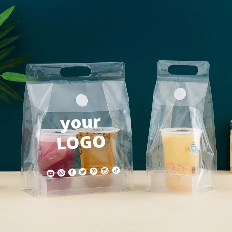 Wholesale transparent clear handle bag food milk coffee fruit yogurt packaging takeout pvc plastic bags with custom logo