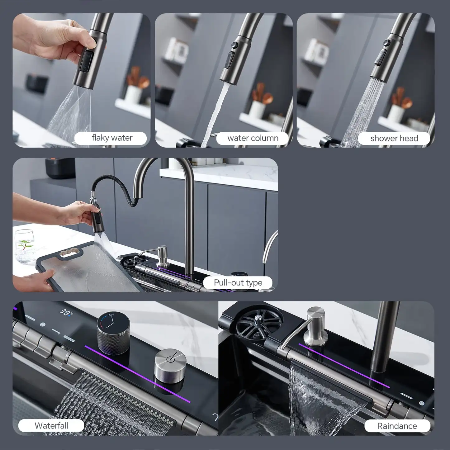 LED Digital Display Rainfall Kit Pia De Cozinha Inox Kitchen Sink Piano Key Nano Modern Smart Double Waterfall Kitchen Sink