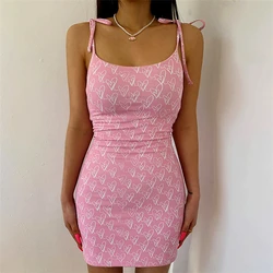 Hot Sale Spaghetti Strap Mini Dress Summer Sweat Heart Pattern Girl Pink Dresses