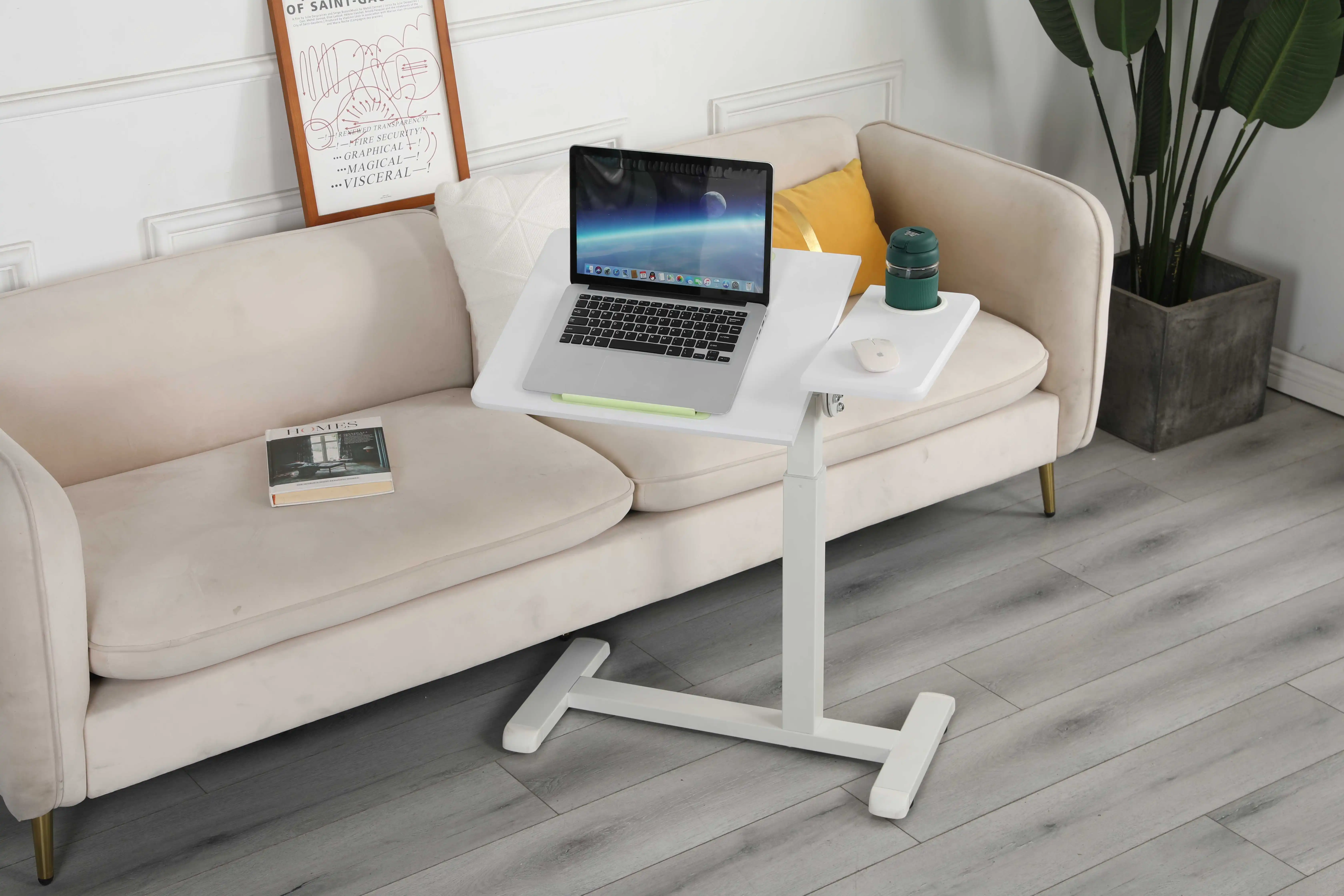 Pneumatic Gas Height Adjustable Overbed Desk & Table  Bedside Medical Table with Wheels and Tilting Tabletop