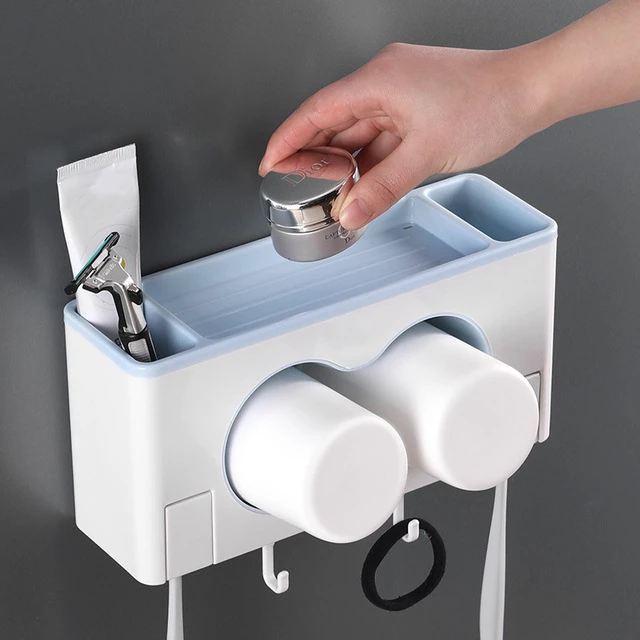 
Bathroom sets Creative couple toothbrush rack adsorption type multifunctional storage toothbrush cup storage container 