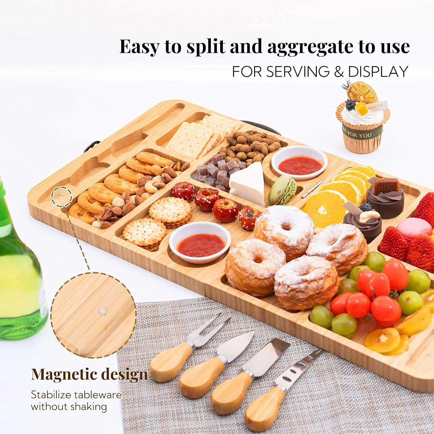 Hot Selling Wooden Foldable Chacuterie Chopping Board Portable Magnetic Design Bamboo Cheese Board Knife Set