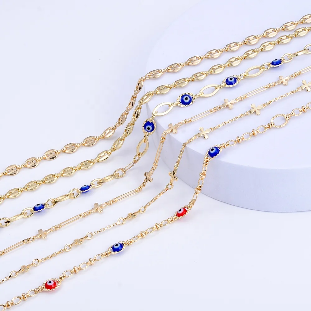 Wholesale Findings 18K Gold Bulk Chain Link for Jewelry Making Copper Curb Evil Eye Chain for Necklace Bracelet Anklet DIY Craft