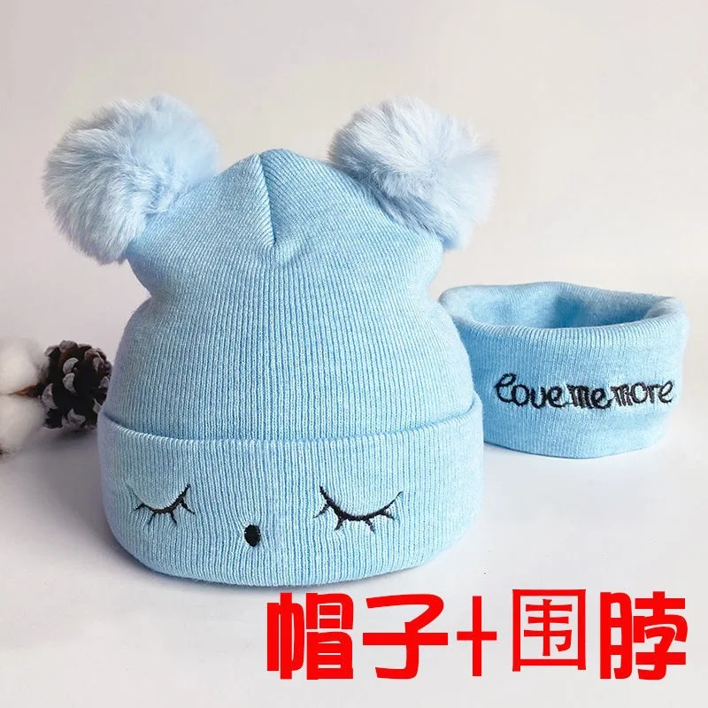 Infant Baby Boys Girls Hat Winter Warm Pompom Beanie Knitted New Born Baby Cute Children Cartoon Embroidery Kid hats scarf set