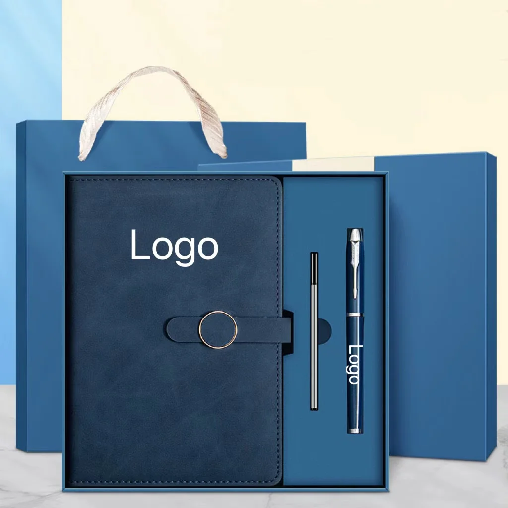 Premium Customized Diary Blue Leather Cover Business Book Gift Box Gift Magnetic Notebook with Refill and USB Flash Drive Set