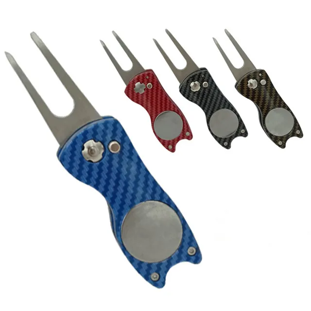 Metal Plastic Blank Carbon Fiber Pattern  Golf Product Accessories Foldable Pitch Repair  Fixers Fork  Pitch Green Divot Tools