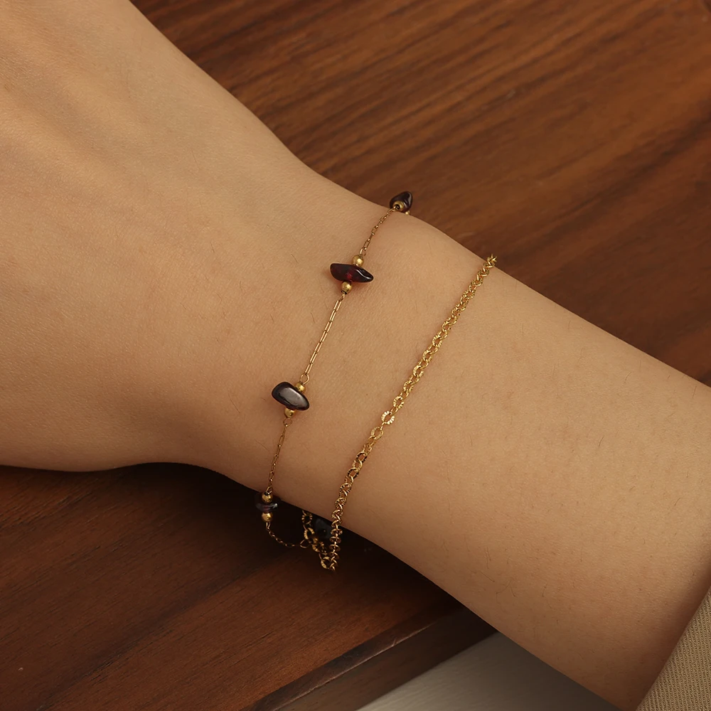 MX Unique Birthstone Bracelet Stainless Steel 18K Gold Double Chain Bracelet Garnet Stone Beaded Jan Dainty Bracelet