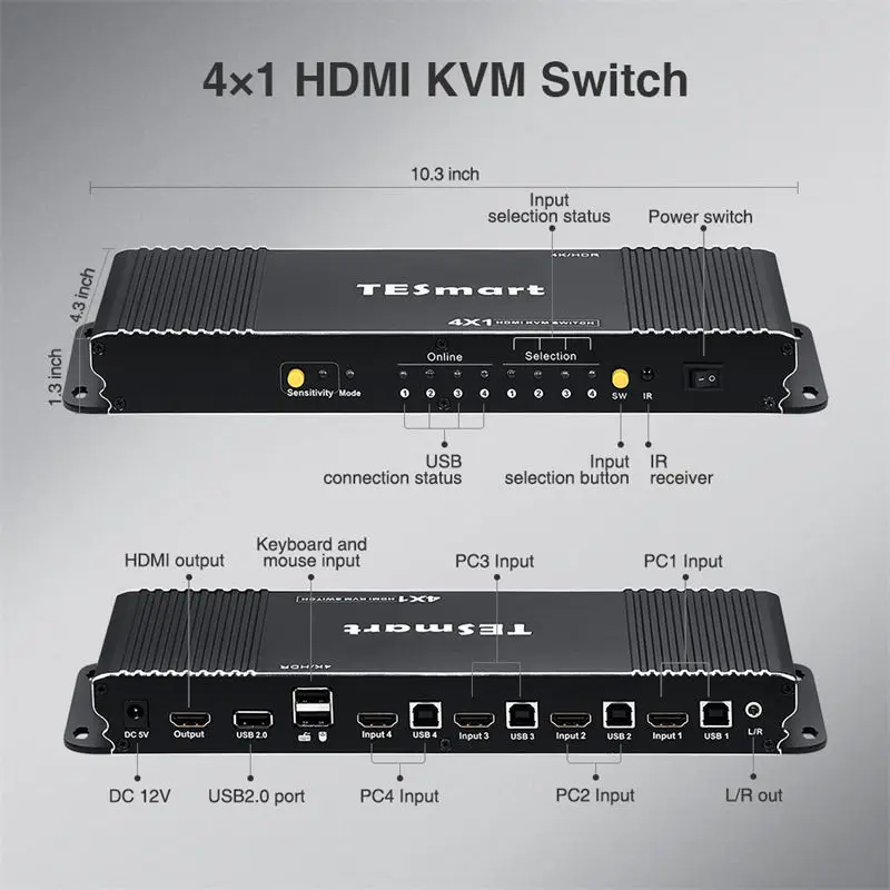 TESmart OEM ODM KVM Switcher hdmi usb 4k@60hz Support L/R Audio With EDID Emulator 1in 4 out 4 Port HDMI KVM Switch