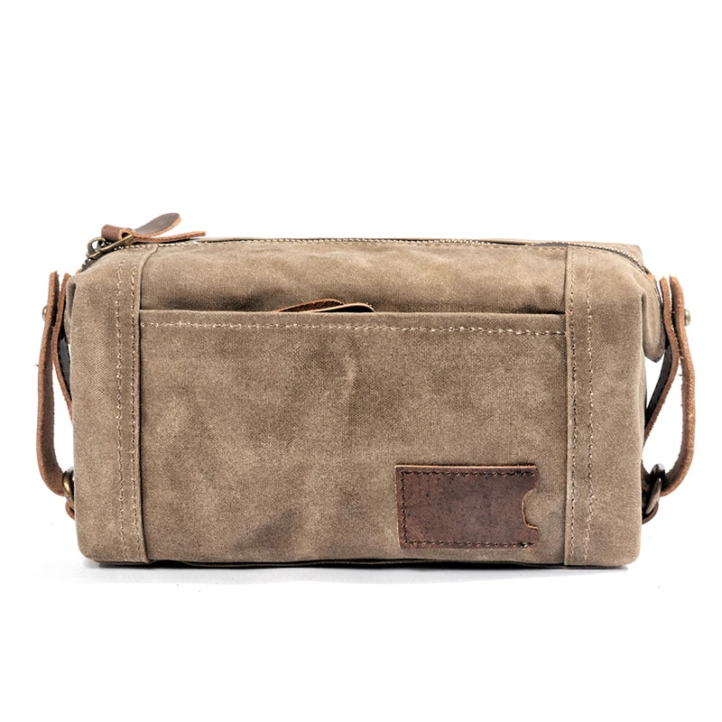 Waterproof Waxed Canvas Shaving Bag Mens Travel Toiletry Bag Custom Logo with Leather Handle