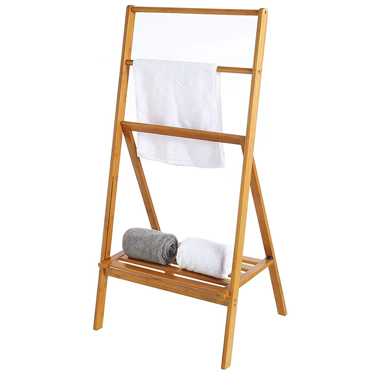 Wholesale custom made freestanding 3 bar high quality bamboo folding towel rack, hotel bathroom home bedroom universal