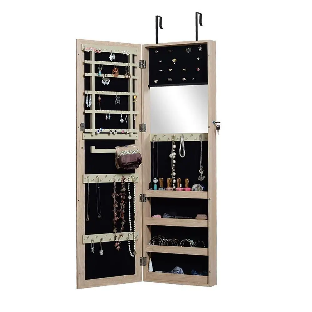 Lockable MDF wood full length hanging jewelry box organizer with mirror