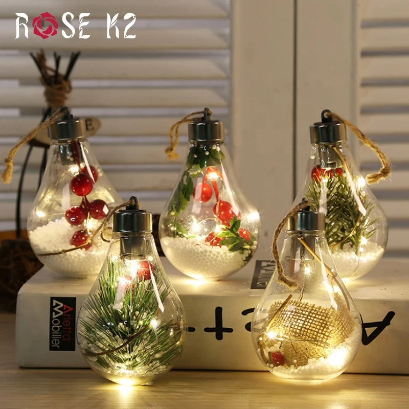 LED Light Christmas Bulbs Ornament Transparent Ball Holly Pick Christmas Baubles Clear Tree Decoration Crafts
