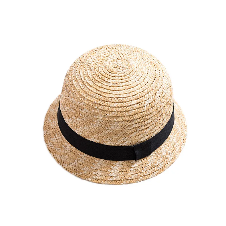 Wholesale Children Summer Straw Hats & Caps 48cm & 50cm with Chain Strap CASQUETTE Round Top Wheat,straw Beach Holiday Natural
