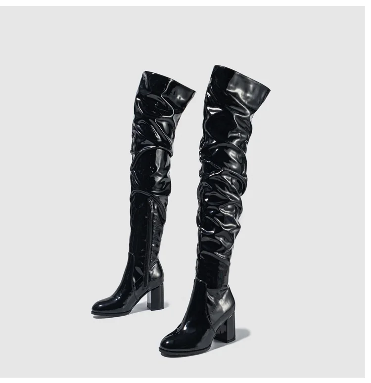 Autumn Winter White Patent Leather Over The Knee Boots Women Party Zip Thigh High Shoes Fashion Round Toe Thick Heel Pumps 2023