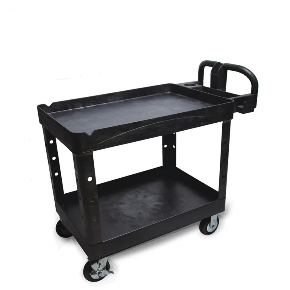 multifunction industrial 2 shelf heavy duty rolling storage plastic service utility cart