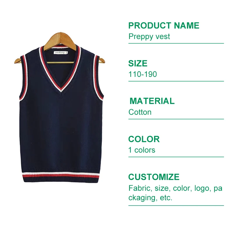 unisex woven knitted v-neck sleeveless vest 100% cotton children loose preppy style school uniform knitted sweater vest women