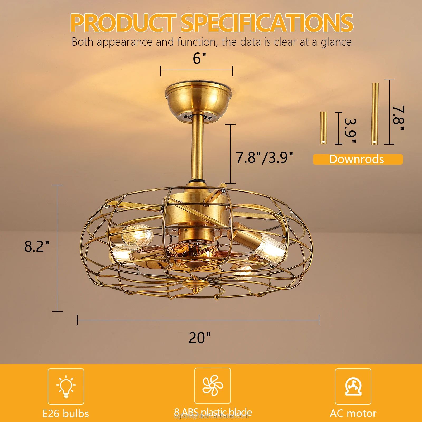 Copper Motor Gold Vintage Decorative Caged Ceiling Fan Remote Control Industrial Style Bladeless Led Ceiling Fan With Light