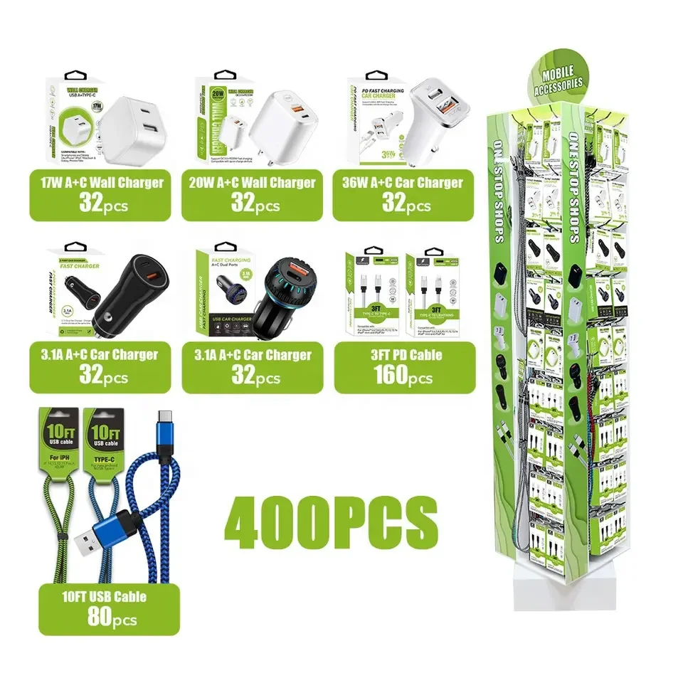 4 Sided Rotating Display Stand 400pcs Phone Accessories Retail Store Floor Display With Box Package Peg Hooks
