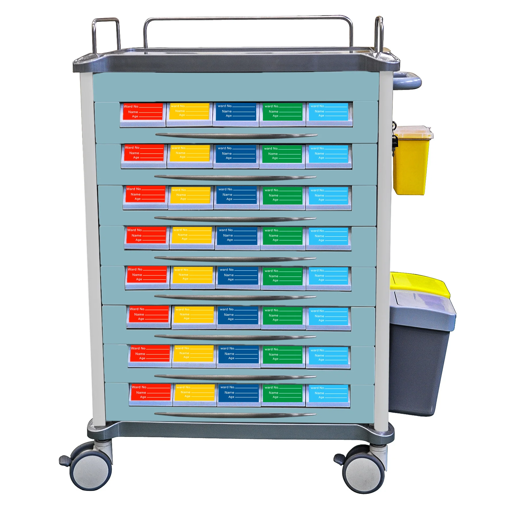 Aluminum Hospital medication trolley Medical cassette cart with bins