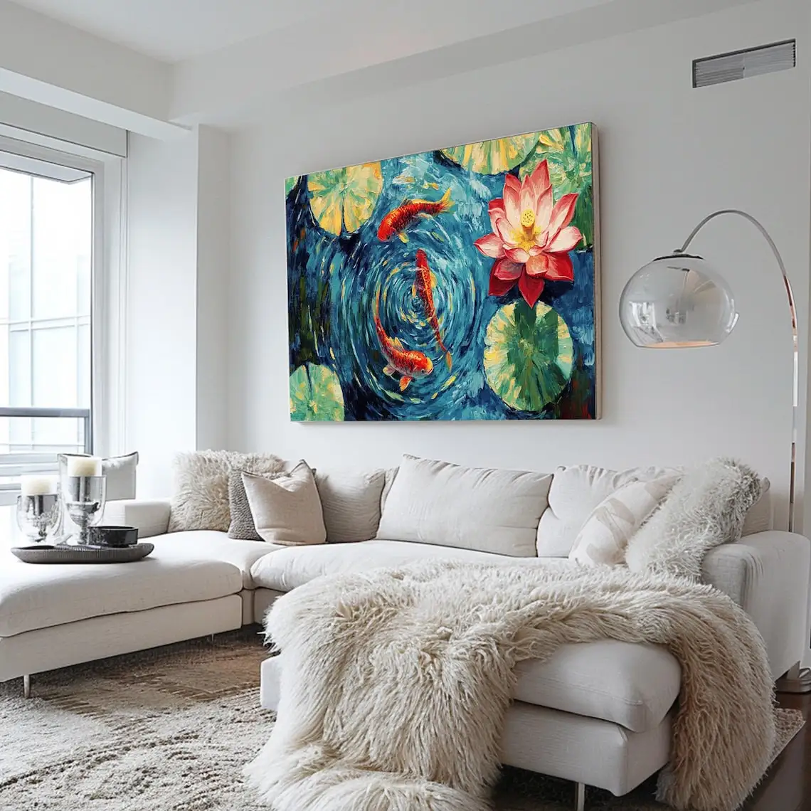SQ Lotus Red Koi Fish Oil Painting Abstract Floral Art Modern Wall Decor Large Colorful Water Lilies Contemporary Home Decor