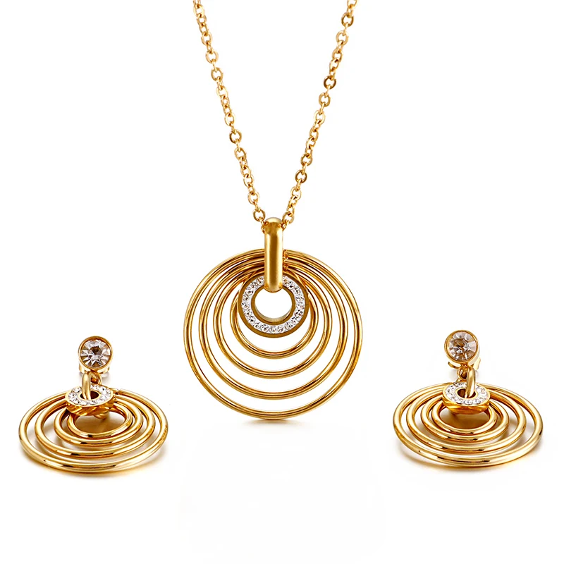 Fashion Classic Stainless Steel Zircon Earrings Round Pendant Necklace Wedding Jewelry Set Women