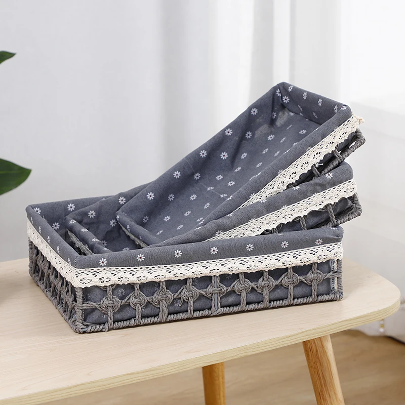 Kingwillow Set of 3 Household Natural Paper Twine Baskets with Handles For Countertop Home Office Storage