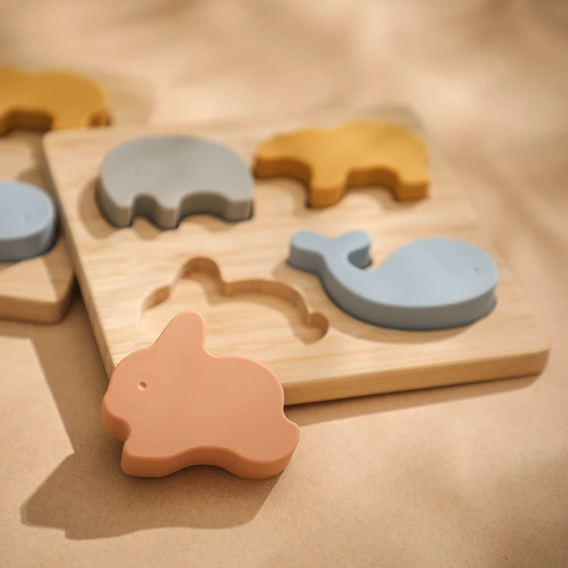 Baby Educational Toys Silicone Wood Animal Puzzle Preschool Games Montessori Toys Wholesale