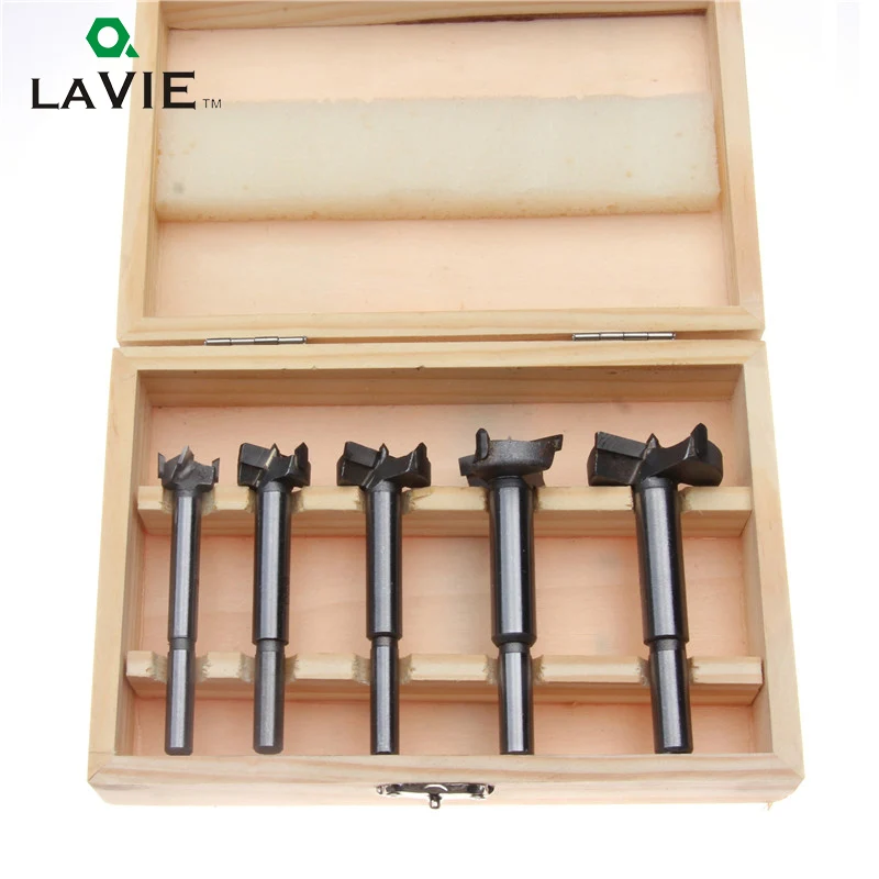LAVIE 5pcs Woodworking Forstner Drill Bit Wood Tool Set 15 20 25 30 35mm Carbide Cutter Wooden Hole Saw Round Shank Bits DB03002