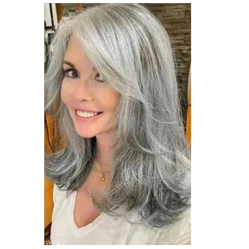 Long 14 inch layered salt and pepper human ombre balayaged grey wig virgin raw hair transparent hd lace front wig