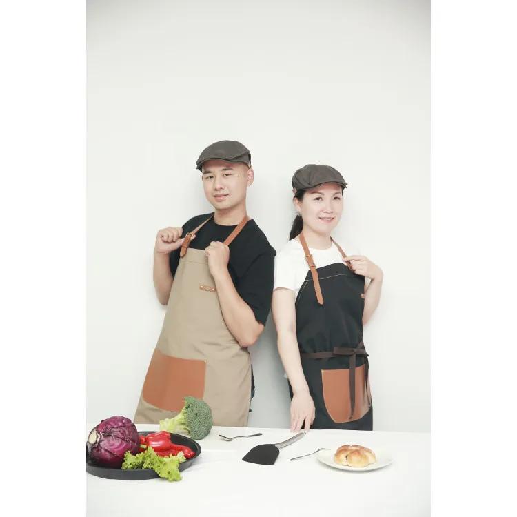 
Brown coffee barista bartender uniform unisex design work apron custom logo with pockets 