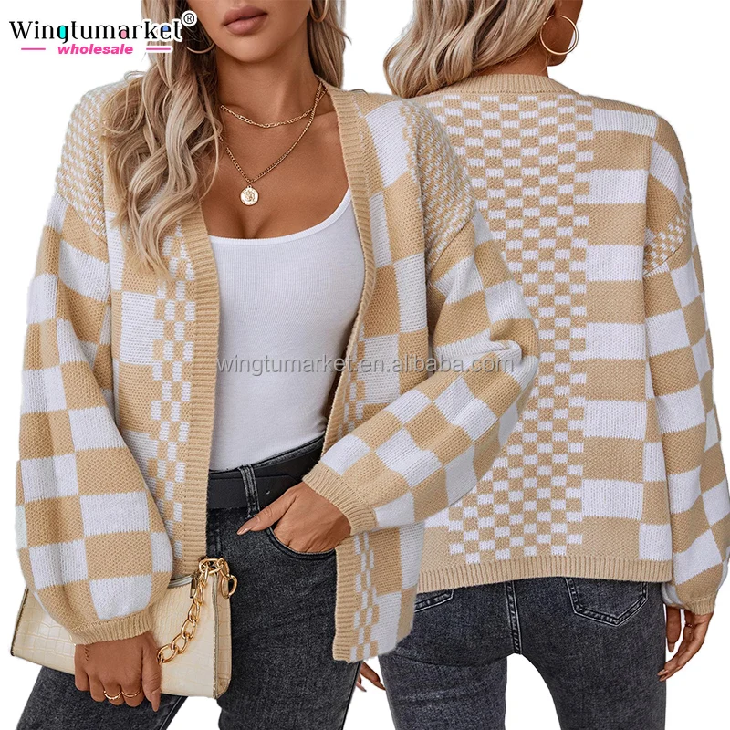 Wholesale winter checkered pattern sweater dropshoulder lantern sleeve top loose ribbed plaid knitted sweaters cardigan women