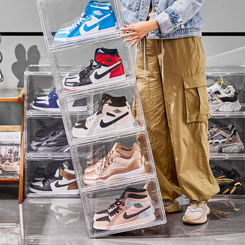 Hard PET plastic boxes shoe case storage box acrylic Side Door Open  Bins Sneakers Organizer