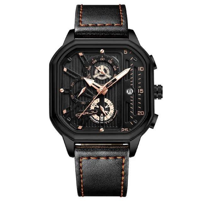 CRRJU Fashion Square Dial Leather Mens Sport Waterproof Chronograph Quartz Watch