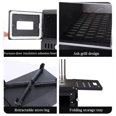Wholesale Folding Portable Camping Wood Burning Stove Fireproof cooking Tent Stove With Chimney Tube and bag windshield