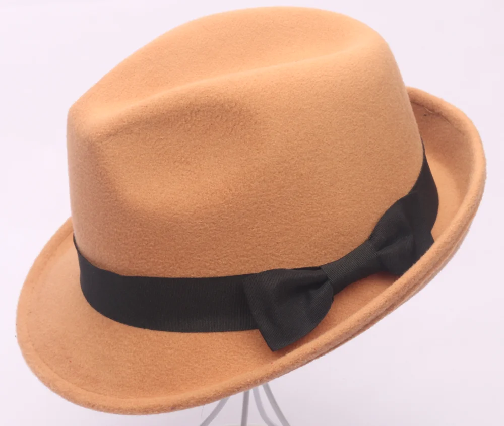 
Women Men Felt Fedora Trilby Jazz Hat Gangster Cap Short Brim felt fedora hat cap with Black bowknot Ribbon Band 