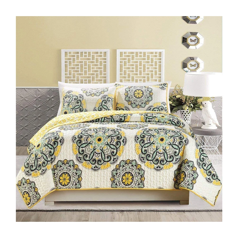 Оптовая продажа Реверсивный стеганый комплект постельного белья покрывало на голову, комплект из 3 предметов с принтом из микрофибры одеяло