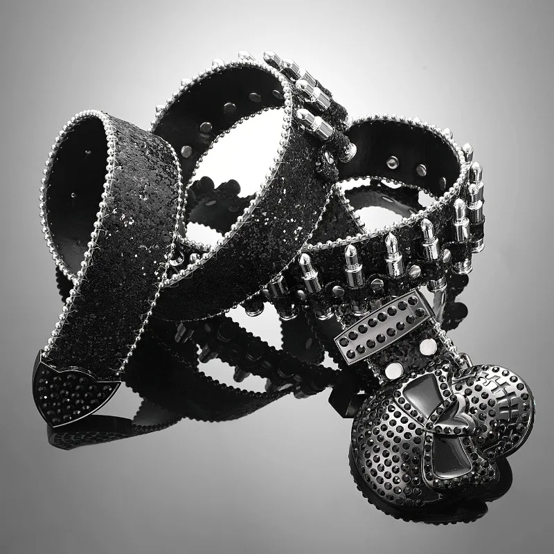 Halloween PU leather studded rivet black skull belt designer shiny punk heavy duty studded bullet rhinestone belts for cowboys