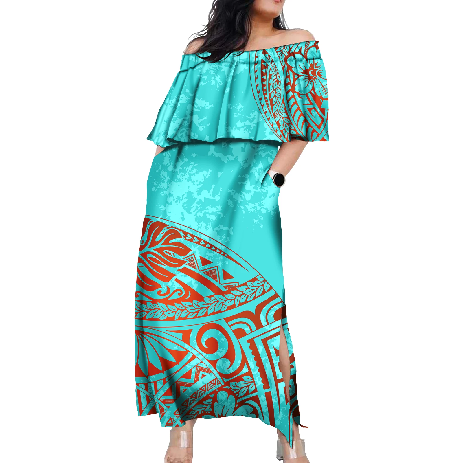 Ruffles Fashion Puletasi Samoa Hawaiian Dress Polynesian Tribal Puletasi Tatau Pattern Casual Swing Occasions Dresses
