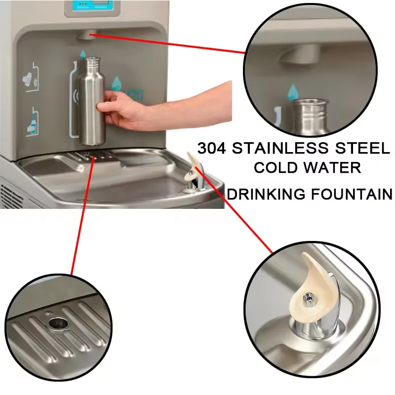 Public Stainless Steel Wall Mounted Cold Water Drinking Fountains Refrigerated Fountain Water Bottle Filling Refill Station