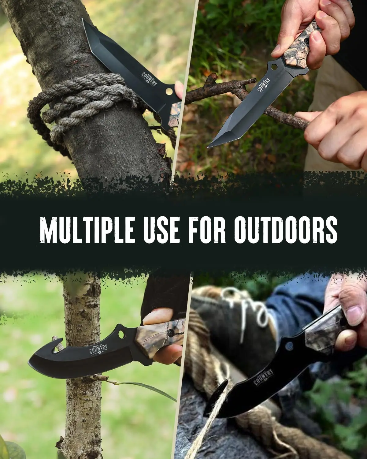 Fixed Blade Hunting Knife Set - 2 Piece, Full Tang Handle Straight Edge and Gut Hook Blades Game Processing Knife