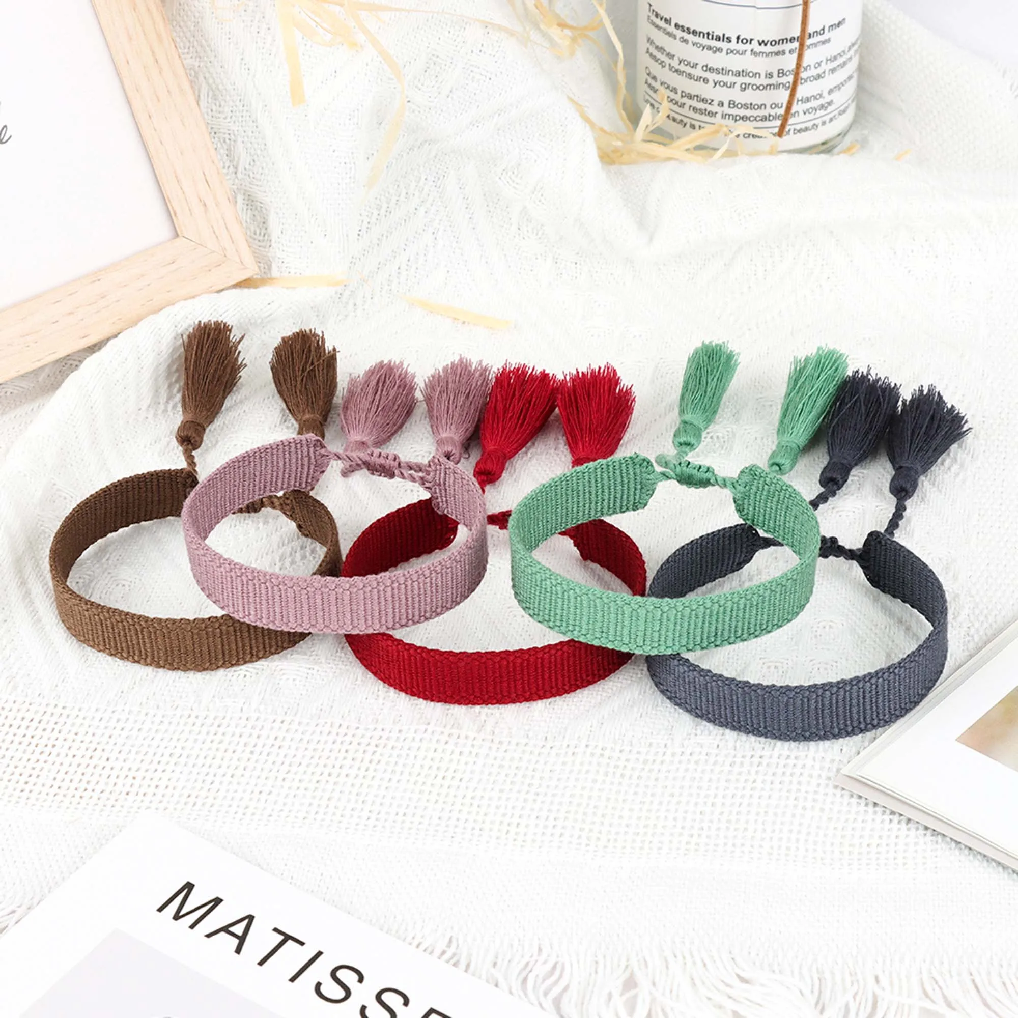 10pcs 1.3cm Thin Tassel Bracelet Handmade Braided Rope Girls Jewelry Anniversary Gift Wristband Embroidery Text Acceptable