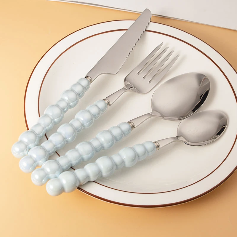 Ceramic Handle Luxury Spoon Fork And Knife Set Stainless Steel Silver Wedding Cutlery Set
