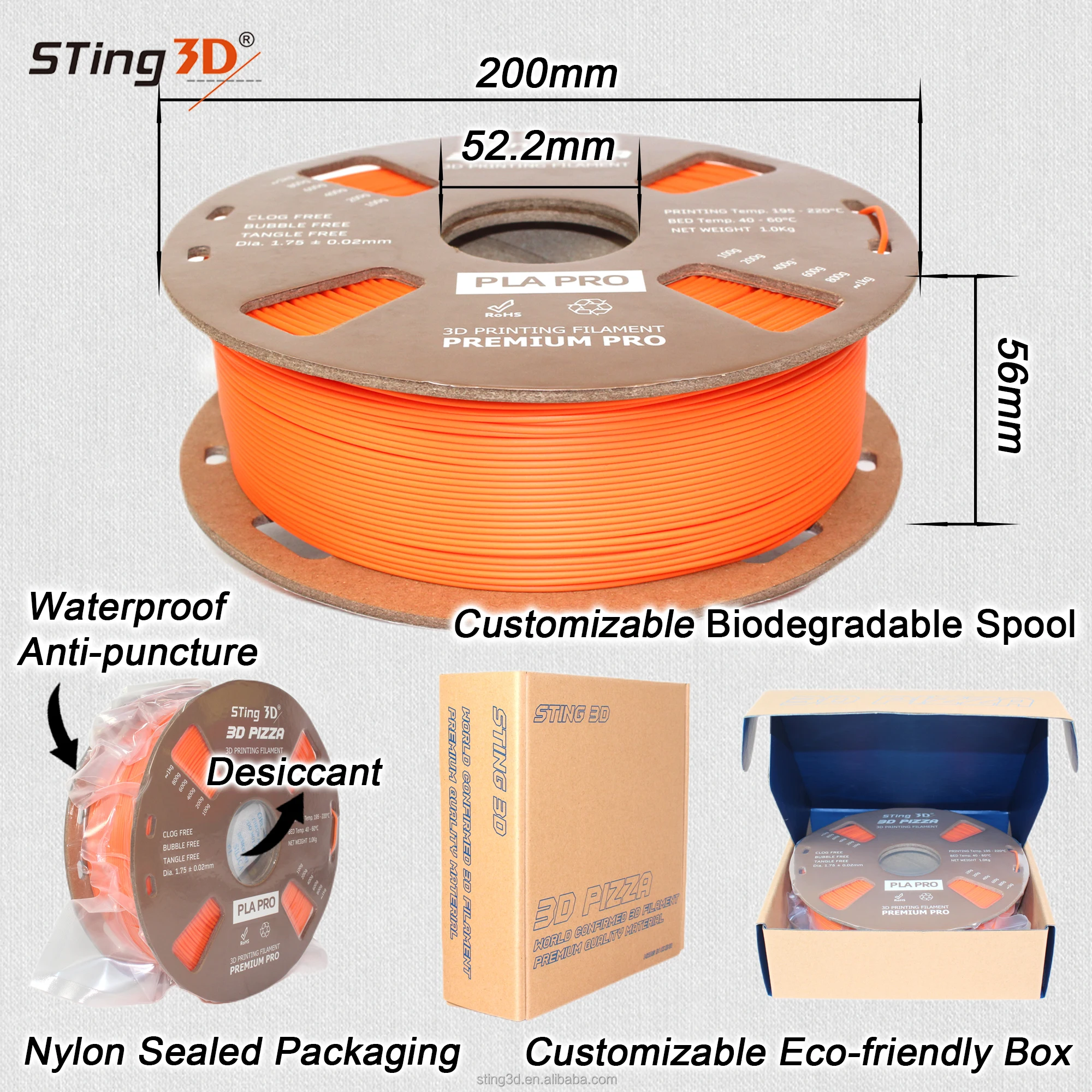 Sting3d filamento PLA 3d printer plastic filament 1.75mm PLA/ABS/PCL/PETG/TPU/HIPS/PP/WOOD etc 3d printing filament 1kg
