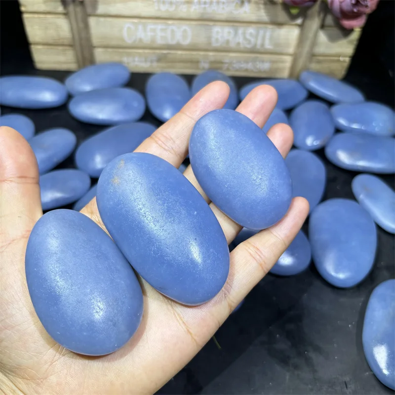 High Quality Hand Carved Crystal Natural Healing Gemstone Angelite Palm Stone For Gift