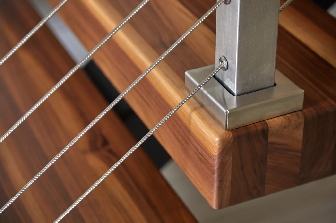 Modern wooden staircase steel-wood straight stairs with wire rope for home