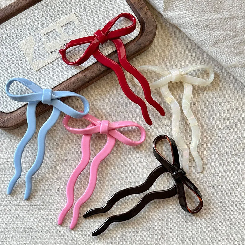 Hot Selling Girls Hair Bun Maker Hairpins Simple Acetate Bow Hair Stick Decorative Hair Clips
