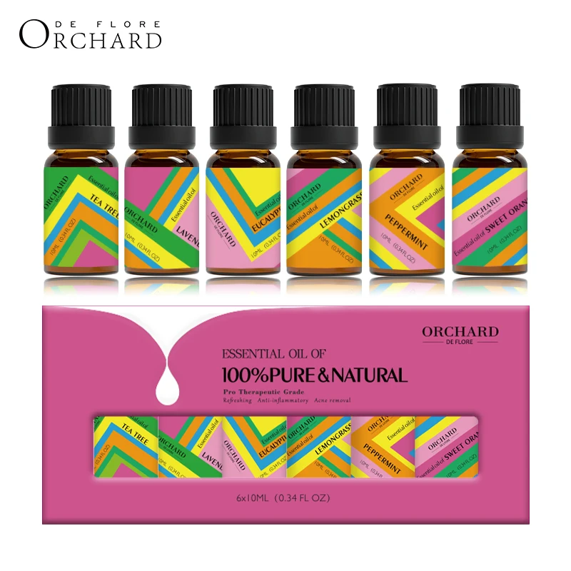 ORCHARD Bulk  6*10 ml car diffuser oil box set flower lavender lemon peppermint 100% pure organic essential oil for stress