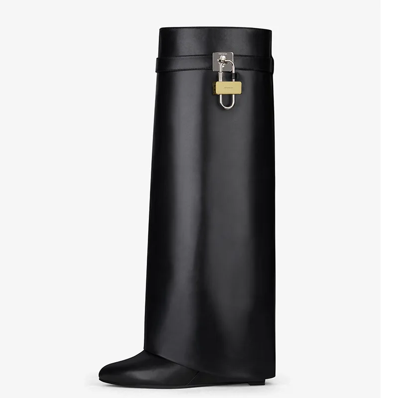 2023 OEM\ODM Custom Fashion Show Women Boot Slip On Black Leather Long Knee High Boots Wedge Heeled Boots